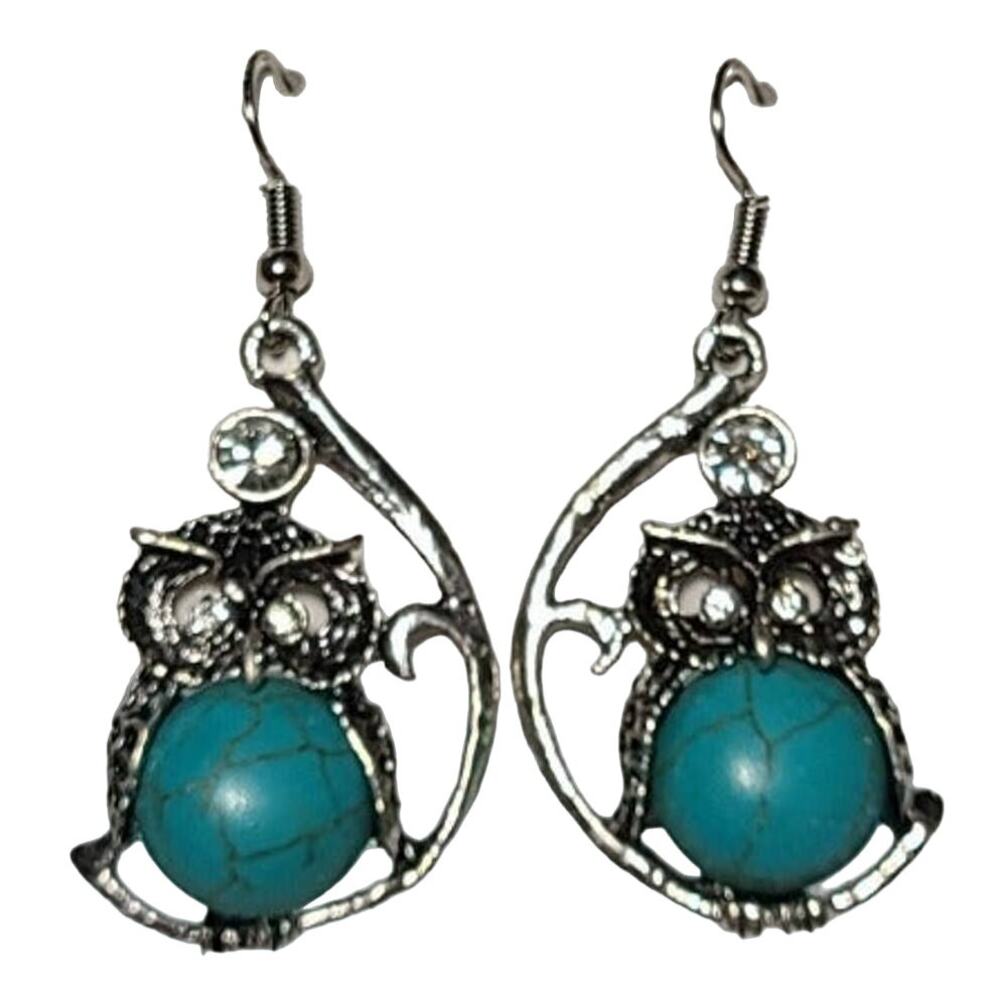 Silver Turquoise Stone Owl Dangle Drop Fashion Earrings